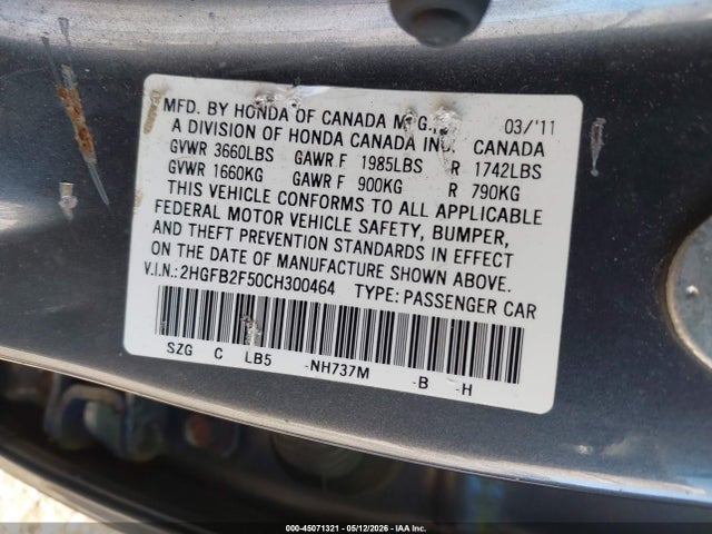 Aukcja sprzedaży 2012 Honda Civic Lx, vin: 2HGFB2F50CH300464, numer aukcji: 45071321