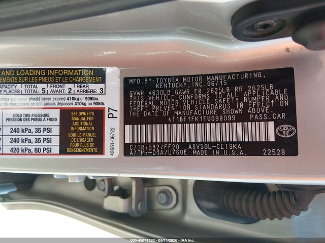 Aukcja sprzedaży 2015 Toyota Camry Se, vin: 4T1BF1FK1FU098099, numer aukcji: 45071322