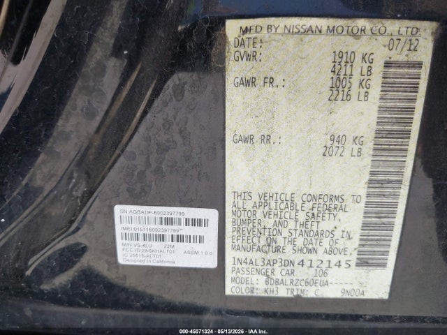 Продажа на аукционе авто 2013 Nissan Altima 2.5 S, vin: 1N4AL3AP3DN412145, номер лота: 45071324