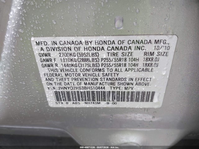 45071326 :رقم المزاد ، 2HNYD2H63BH510444 vin ، 2011 Acura Mdx Technology Package مزاد بيع