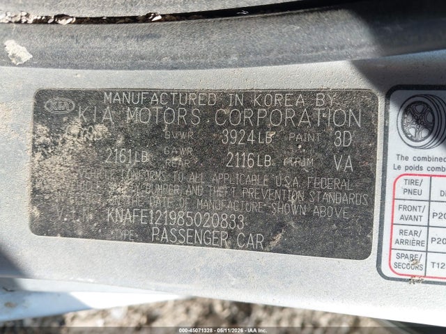 2008 Kia Spectra Sx მანქანა იყიდება აუქციონზე, vin: KNAFE121985020833, აუქციონის ნომერი: 45071328