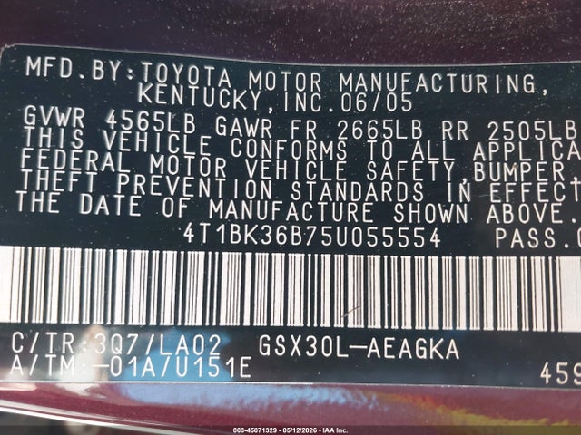 2005 Toyota Avalon Xls მანქანა იყიდება აუქციონზე, vin: 4T1BK36B75U055554, აუქციონის ნომერი: 45071329
