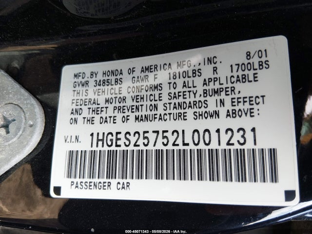 Продажа на аукционе авто 2002 Honda Civic Ex, vin: 1HGES25752L001231, номер лота: 45071343