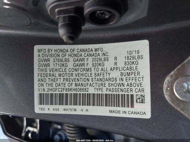 45071354 :رقم المزاد ، 2HGFC2F89KH606682 vin ، 2019 Honda Civic Sport مزاد بيع
