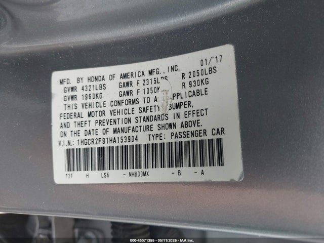 Aukcja sprzedaży 2017 Honda Accord Ex-l, vin: 1HGCR2F91HA153904, numer aukcji: 45071355
