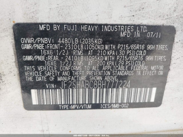 45071359 :رقم المزاد ، JF2SHABC8BH777224 vin ، 2011 Subaru Forester 2.5x مزاد بيع