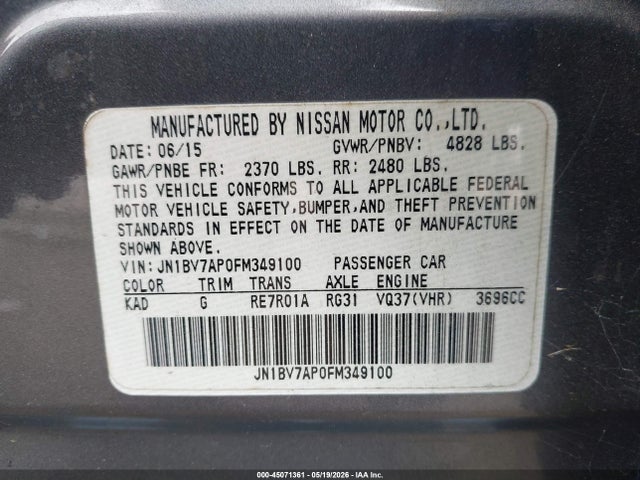 Auction sale of the 2015 Infiniti Q50 Premium, vin: JN1BV7AP0FM349100, lot number: 45071361