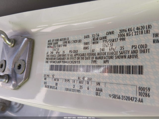Продажа на аукционе авто 2017 Ford Escape S, vin: 1FMCU0F70HUC62915, номер лота: 45071363
