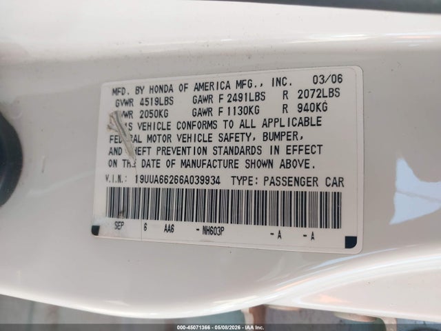 Продаж на аукціоні авто 2006 Acura Tl, vin: 19UUA66266A039934, номер лоту: 45071366