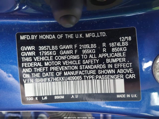 45071370 :رقم المزاد ، SHHFK7H6XKU409065 vin ، 2019 Honda Civic Ex مزاد بيع