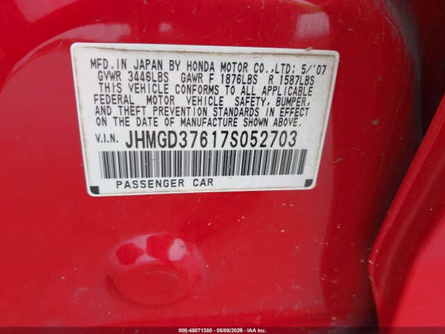 Aukcja sprzedaży 2007 Honda Fit Sport, vin: JHMGD37617S052703, numer aukcji: 45071380