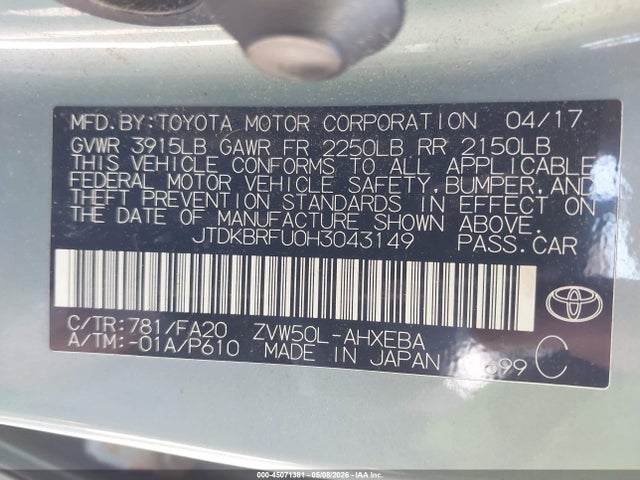 45071381 :رقم المزاد ، JTDKBRFU0H3043149 vin ، 2017 Toyota Prius Two مزاد بيع