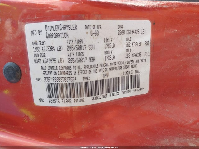 Aukcja sprzedaży 2003 Chrysler Pt Cruiser Gt, vin: 3C8FY78G83T627824, numer aukcji: 45071386