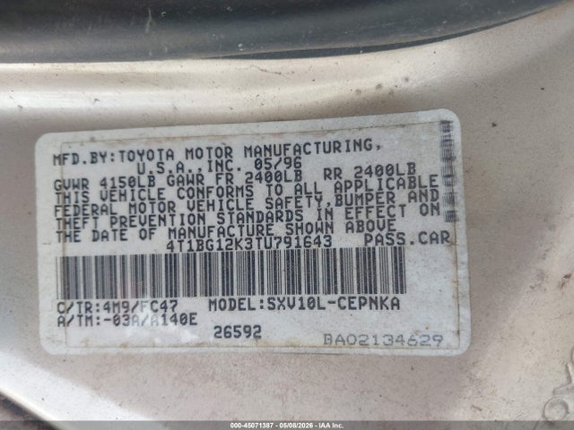 45071387 :رقم المزاد ، 4T1BG12K3TU791643 vin ، 1996 Toyota Camry Dx/le/xle مزاد بيع