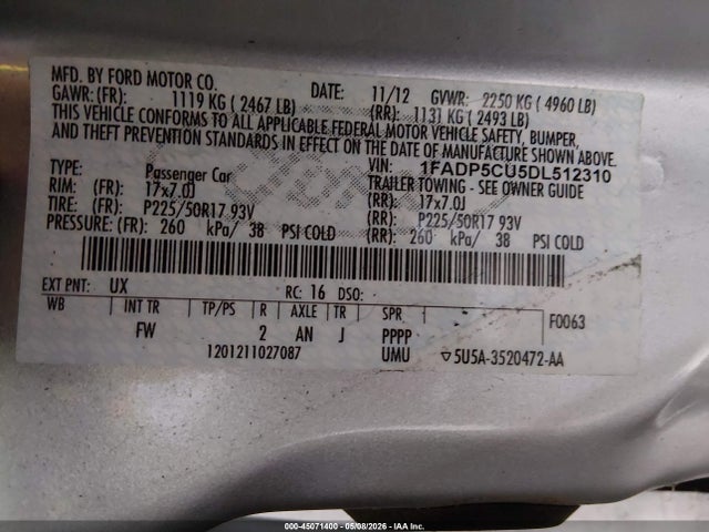 45071400 :رقم المزاد ، 1FADP5CU5DL512310 vin ، 2013 Ford C-max Energi Sel مزاد بيع