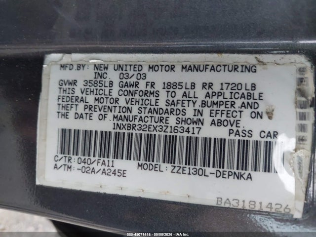 45071416 :رقم المزاد ، 1NXBR32EX3Z163417 vin ، 2003 Toyota Corolla Le مزاد بيع