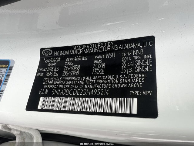Aukcja sprzedaży 2025 Hyundai Tucson Sel, vin: 5NMJBCDE2SH495214, numer aukcji: 45071418