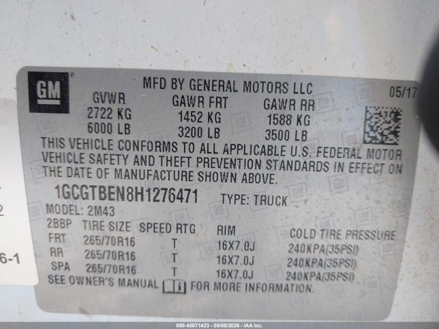1GCGTBEN8H1276471 Chevrolet Colorado Wt