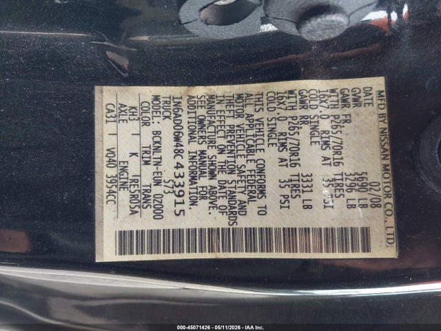 45071426 :رقم المزاد ، 1N6AD06W48C433915 vin ، 2008 Nissan Frontier Se مزاد بيع
