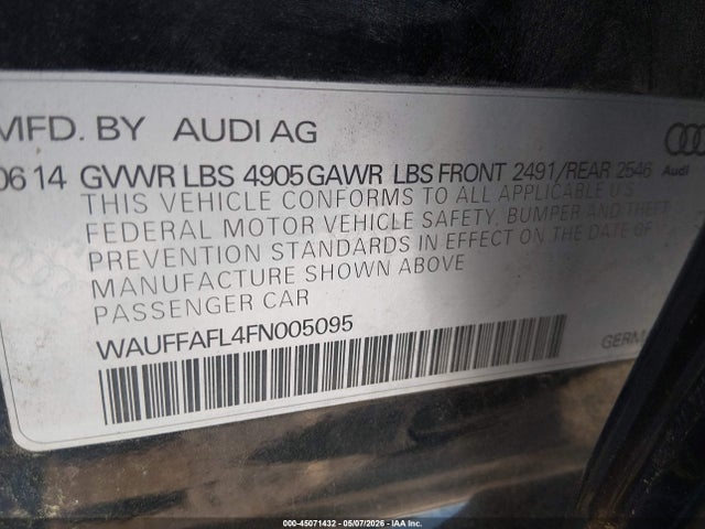 45071432 :رقم المزاد ، WAUFFAFL4FN005095 vin ، 2015 Audi A4 2.0t Premium مزاد بيع