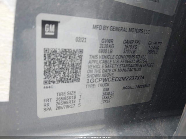 Aukcja sprzedaży 2021 Chevrolet Silverado 1500 2wd  Short Bed Lt, vin: 1GCPWCED2MZ237374, numer aukcji: 45071434