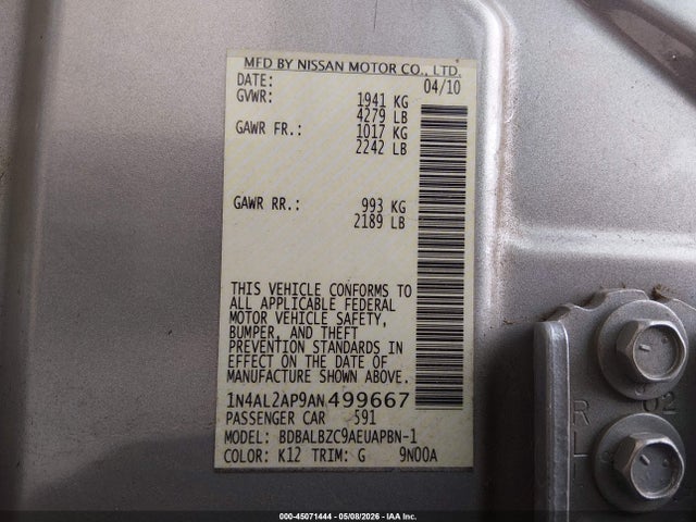 45071444 :رقم المزاد ، 1N4AL2AP9AN499667 vin ، 2010 Nissan Altima 2.5 S مزاد بيع