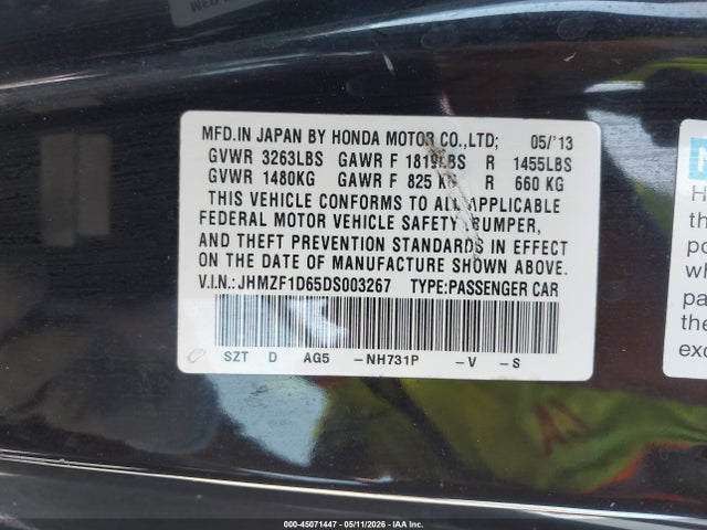 Aukcja sprzedaży 2013 Honda Cr-z Ex, vin: JHMZF1D65DS003267, numer aukcji: 45071447