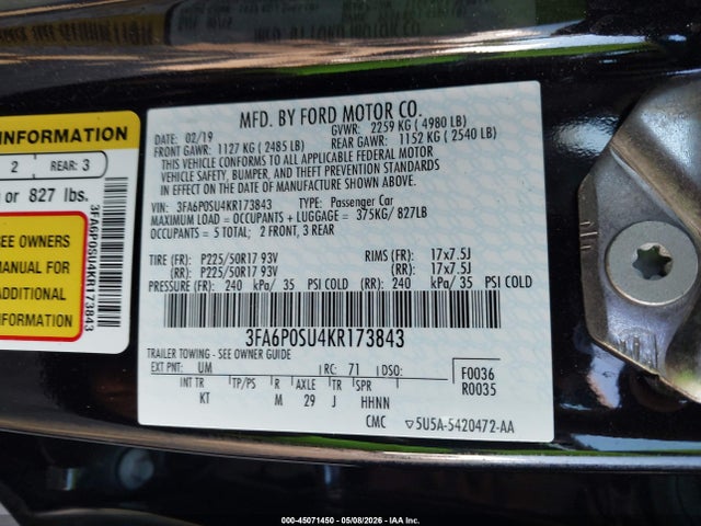 Aukcja sprzedaży 2019 Ford Fusion Energi Titanium, vin: 3FA6P0SU4KR173843, numer aukcji: 45071450