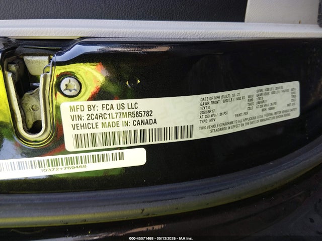45071468 :رقم المزاد ، 2C4RC1L77MR585782 vin ، 2021 Chrysler Pacifica Hybrid Touring L مزاد بيع