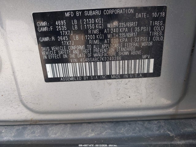 2019 Subaru Outback 2.5i მანქანა იყიდება აუქციონზე, vin: 4S4BSABC7K3240286, აუქციონის ნომერი: 45071478