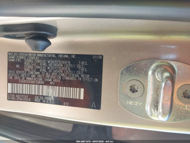 Продажа на аукционе авто 2008 Toyota Sienna Le, vin: 5TDZK23C48S158689, номер лота: 45071479