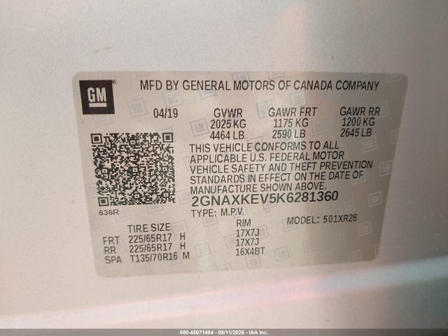 2019 Chevrolet Equinox Lt მანქანა იყიდება აუქციონზე, vin: 2GNAXKEV5K6281360, აუქციონის ნომერი: 45071484