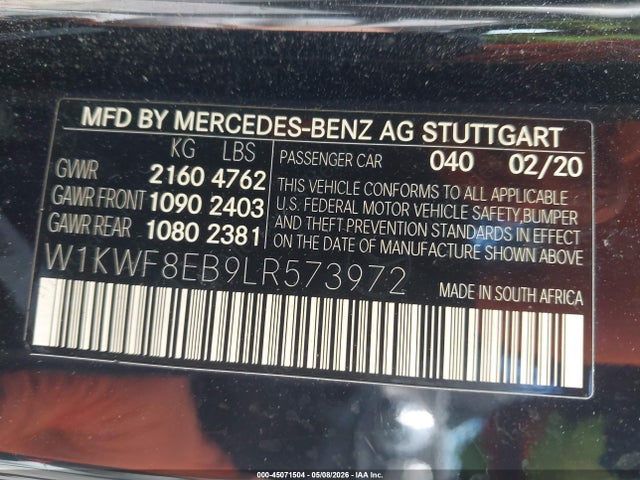 Продажа на аукционе авто 2020 Mercedes-benz C 300 4matic, vin: W1KWF8EB9LR573972, номер лота: 45071504