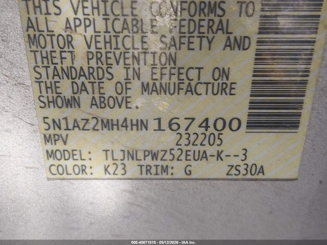 Aukcja sprzedaży 2017 Nissan Murano S, vin: 5N1AZ2MH4HN167400, numer aukcji: 45071510