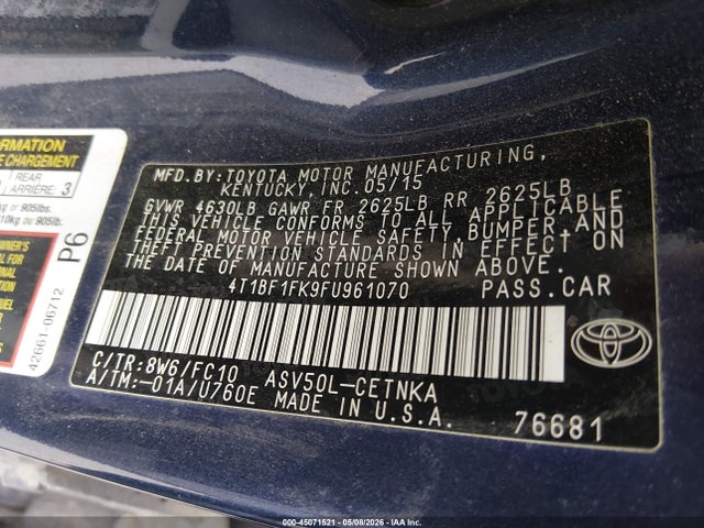 2015 Toyota Camry Le მანქანა იყიდება აუქციონზე, vin: 4T1BF1FK9FU961070, აუქციონის ნომერი: 45071521
