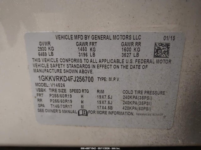 Продажа на аукционе авто 2015 Gmc Acadia Slt-1, vin: 1GKKVRKD4FJ256700, номер лота: 45071542