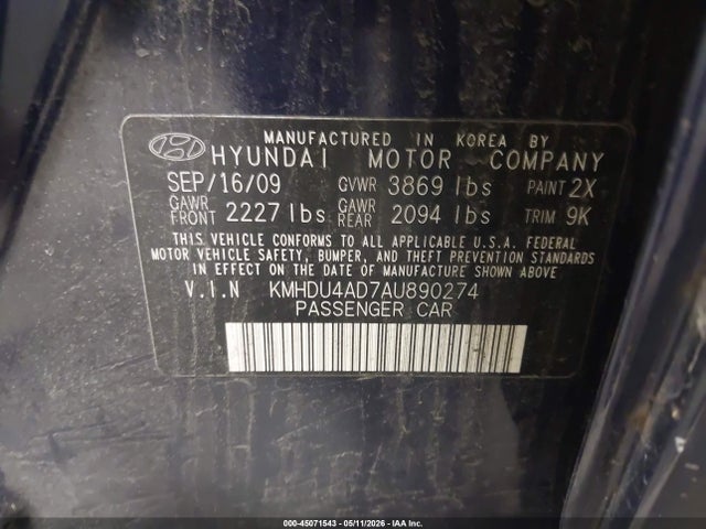 45071543 :رقم المزاد ، KMHDU4AD7AU890274 vin ، 2010 Hyundai Elantra Gls مزاد بيع
