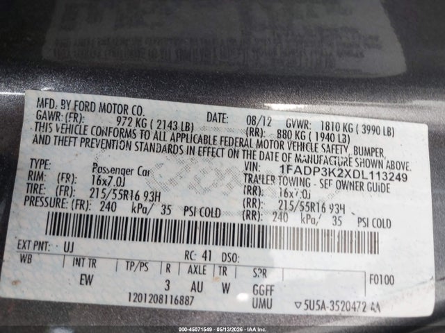 Продаж на аукціоні авто 2013 Ford Focus Se, vin: 1FADP3K2XDL113249, номер лоту: 45071549