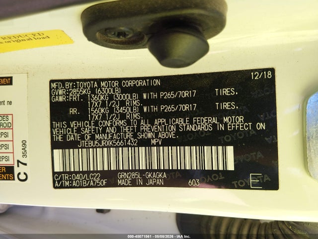 45071561 :رقم المزاد ، JTEBU5JRXK5661432 vin ، 2019 Toyota 4runner Trd Off Road Premium مزاد بيع