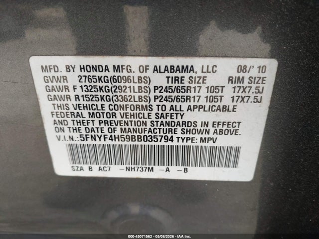 45071562 :رقم المزاد ، 5FNYF4H59BB035794 vin ، 2011 Honda Pilot Ex-l مزاد بيع