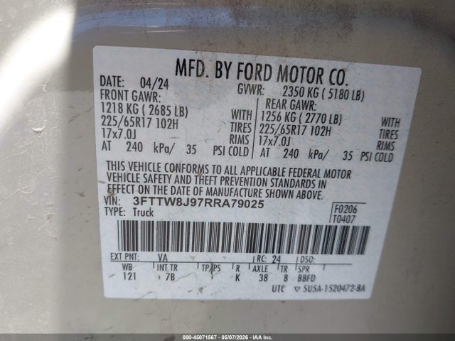 45071567 :رقم المزاد ، 3FTTW8J97RRA79025 vin ، 2024 Ford Maverick Xlt مزاد بيع