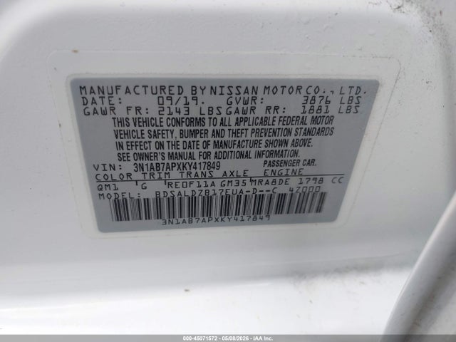 45071572 :رقم المزاد ، 3N1AB7APXKY417849 vin ، 2019 Nissan Sentra Sv مزاد بيع