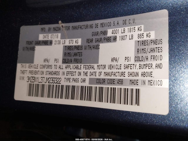45071574 :رقم المزاد ، 3MZBN1L37JM239322 vin ، 2018 Mazda Mazda3 Touring مزاد بيع