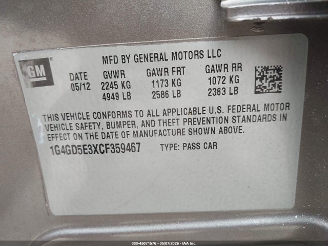 45071576 :رقم المزاد ، 1G4GD5E3XCF359467 vin ، 2012 Buick Lacrosse Premium 1 Group مزاد بيع