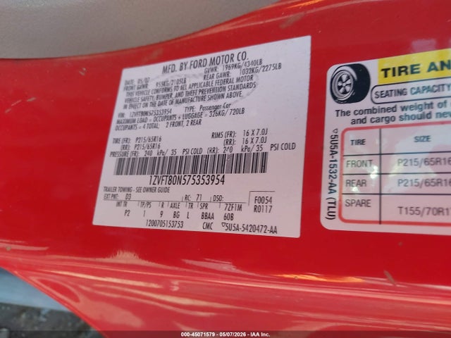 45071579 :رقم المزاد ، 1ZVFT80N575353954 vin ، 2007 Ford Mustang V6 Deluxe/v6 Premium مزاد بيع