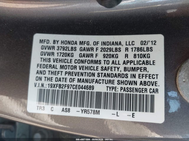 2012 Honda Civic Ex-l მანქანა იყიდება აუქციონზე, vin: 19XFB2F97CE044689, აუქციონის ნომერი: 45071586