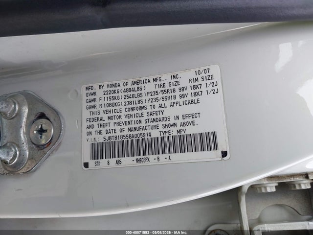 Aukcja sprzedaży 2008 Acura Rdx, vin: 5J8TB18558A005974, numer aukcji: 45071593