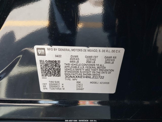 3GNAXKEV4NL211722 Chevrolet Equinox Fwd Lt
