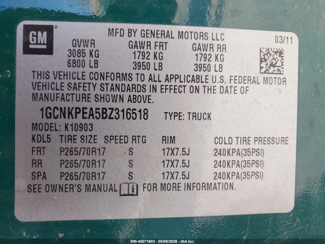 45071603 :رقم المزاد ، 1GCNKPEA5BZ316518 vin ، 2011 Chevrolet Silverado 1500 Work Truck مزاد بيع