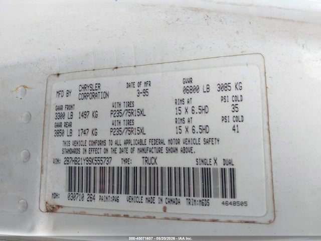 Aukcja sprzedaży 1995 Dodge Ram Van B2500, vin: 2B7HB21Y9SK555737, numer aukcji: 45071607